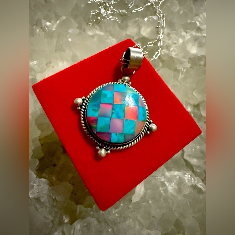 NWOT Handmade 925 Turquoise Inlay With Aurora Opal Checkered Design Pendant